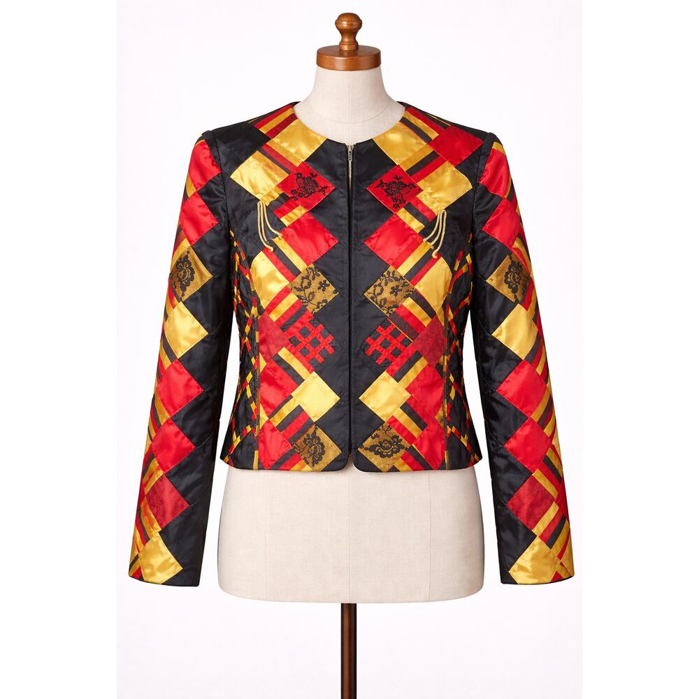 Vintage Patchwork Lace Quilted Jacket Red Yellow Black